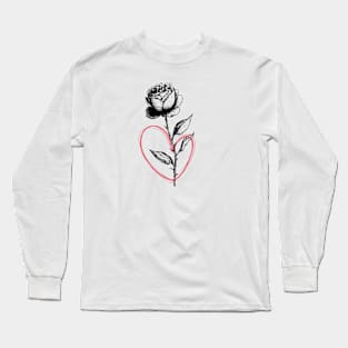 Black Rose Flower with Red Heart Long Sleeve T-Shirt